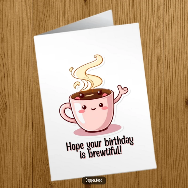 Funny Free Printable Birthday Card: A charming coffee cup character with swirly steam, waving enthusiastically for a happy birthday.