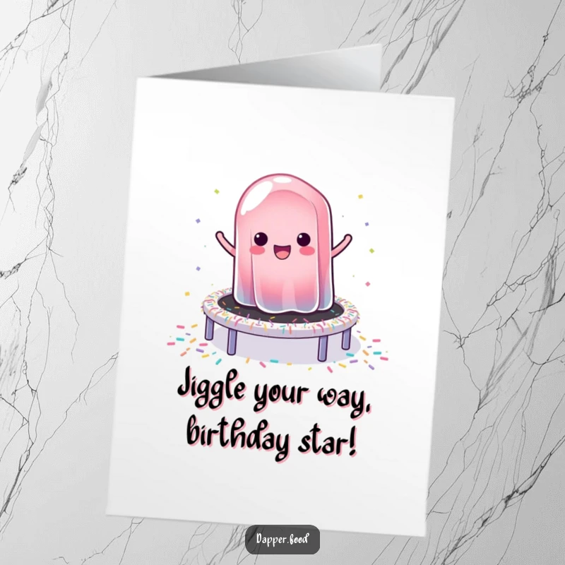 Funny free printable birthday card showing a wobbly jelly happily bouncing high on a colorful sprinkle trampoline.