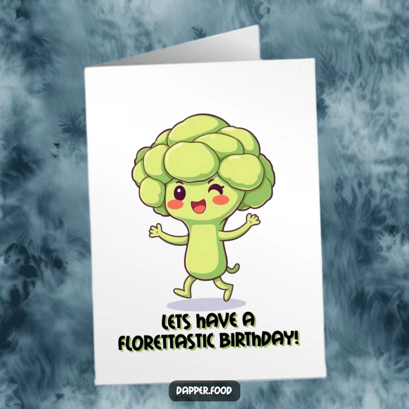 Funny Free Printable Birthday Card: A beaming broccoli floret character energetically doing a cheerful jig for a happy birthday celebration.