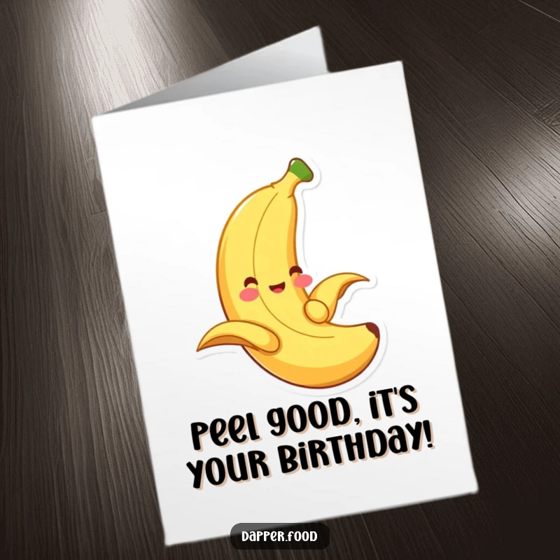 Funny Free Printable Banana Birthday Card, a smiling banana playfully sliding down its own peel, wishing a happy birthday with fruity fun.
