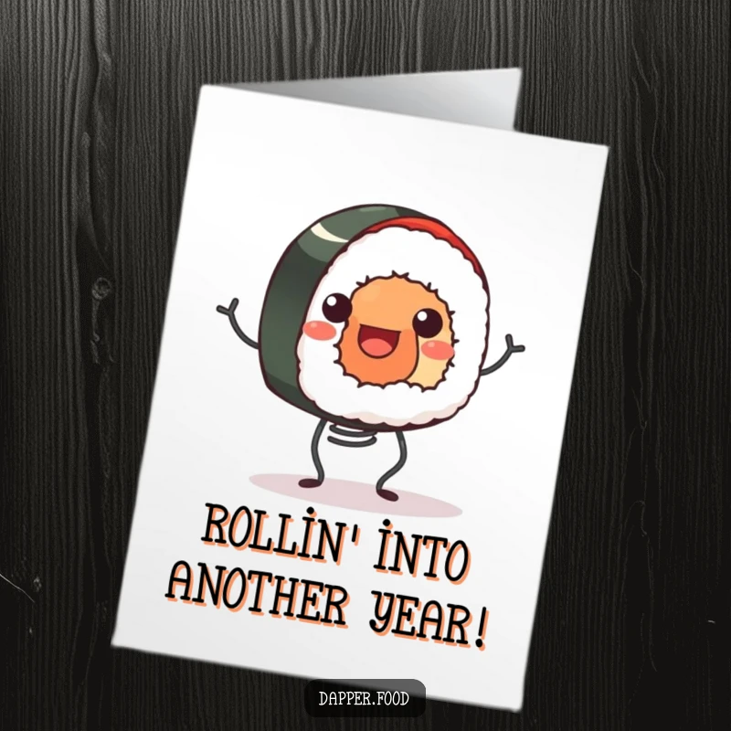 Funny Free Printable Birthday Card: A smiling sushi roll happily bouncing on small spring legs, looking upbeat.