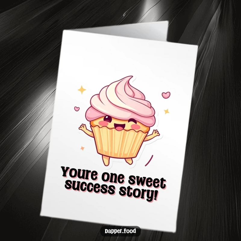 Funny Free Printable Congrats Card: A giddy cupcake character joyfully bouncing, leaving a trail of colorful frosting.