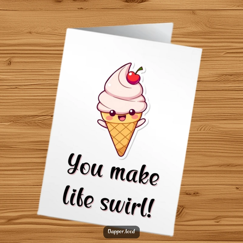 Funny Free Printable Congratulations Card: Happy ice cream cone character with a cherry topping gleefully sliding down a slope.