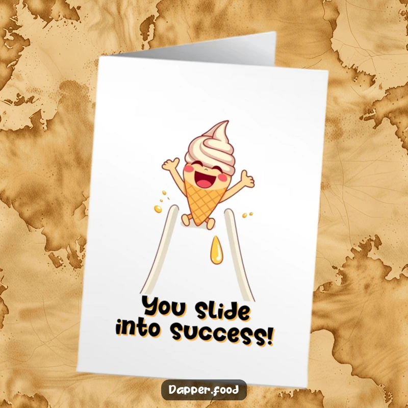 Funny free printable congratulations card: a laughing ice cream cone with arms excitedly slides down a syrup slide, celebrating a sweet achievement.