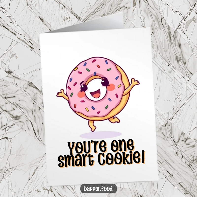 Funny free printable congratulations card featuring a grinning donut with sprinkles performing a cartwheel, celebrating a sweet victory with enthusiasm.