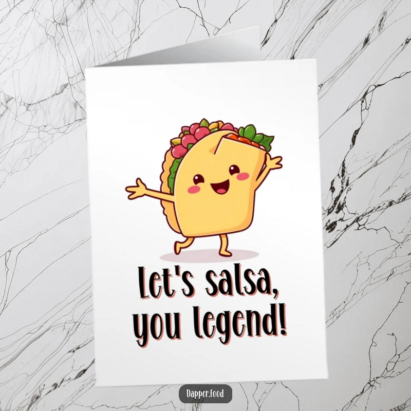 Funny Free Printable Congrats Card: A happy taco and a cheerful burrito with arms dancing a lively salsa.