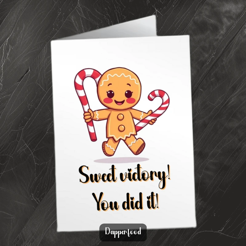 Funny free printable congratulations card showing a gingerbread man with arms running with a giant candy cane, celebrating success.