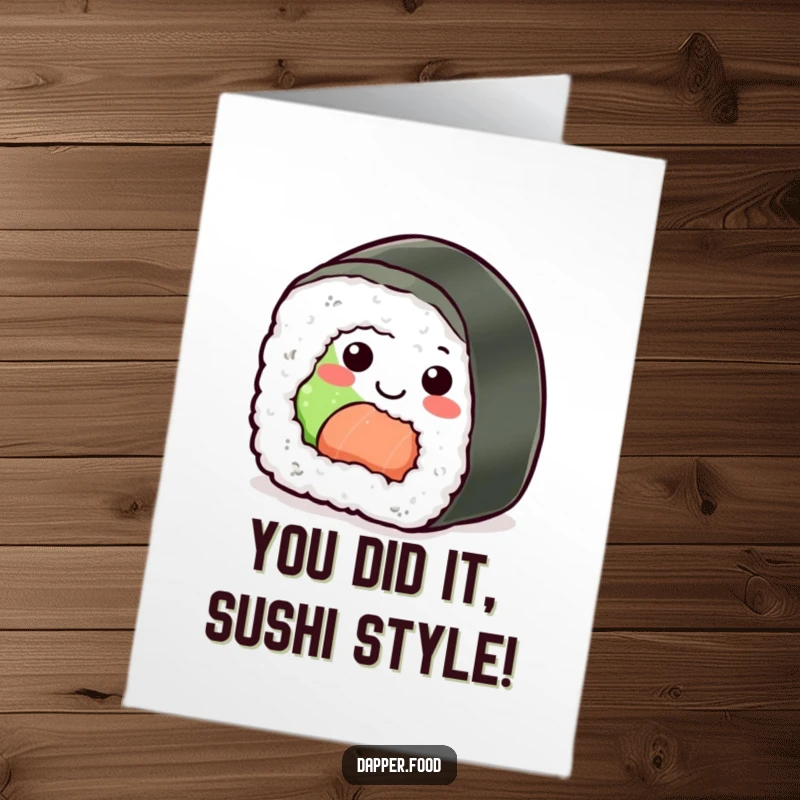 Funny Free Printable Congratulations Card: A happy sushi roll with a grin, rolling triumphantly to celebrate.