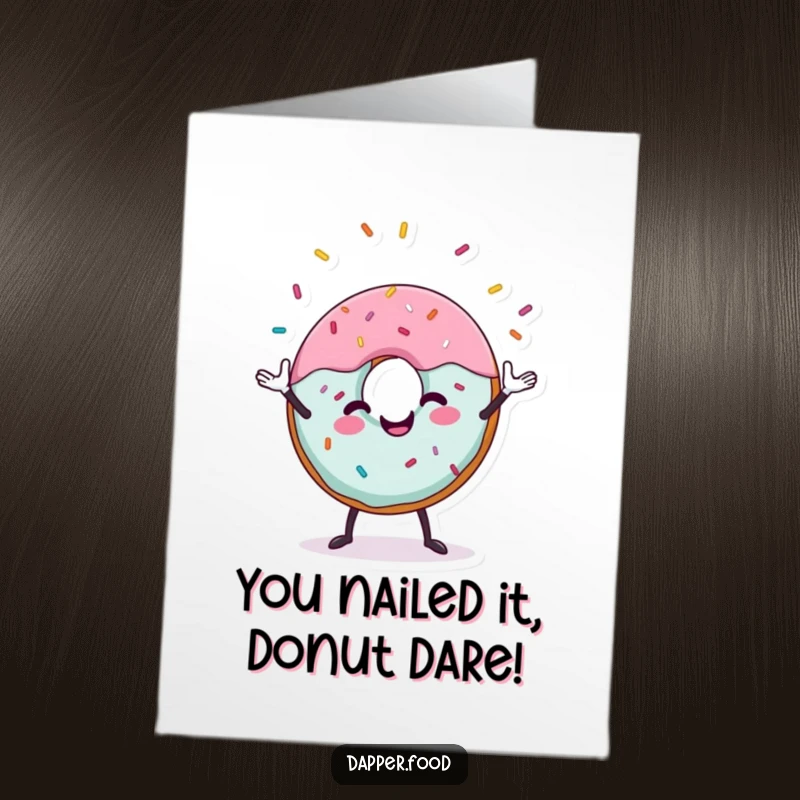 Funny Free Printable Congratulations Card: A donut character juggling sprinkles with a cheerful expression, celebrating success.