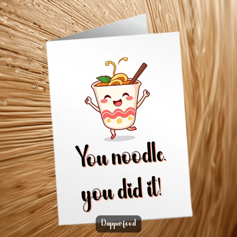 Funny Free Printable Congrats Card: A ramen cup character triumphantly dancing with chopsticks, celebrating a well-deserved success.
