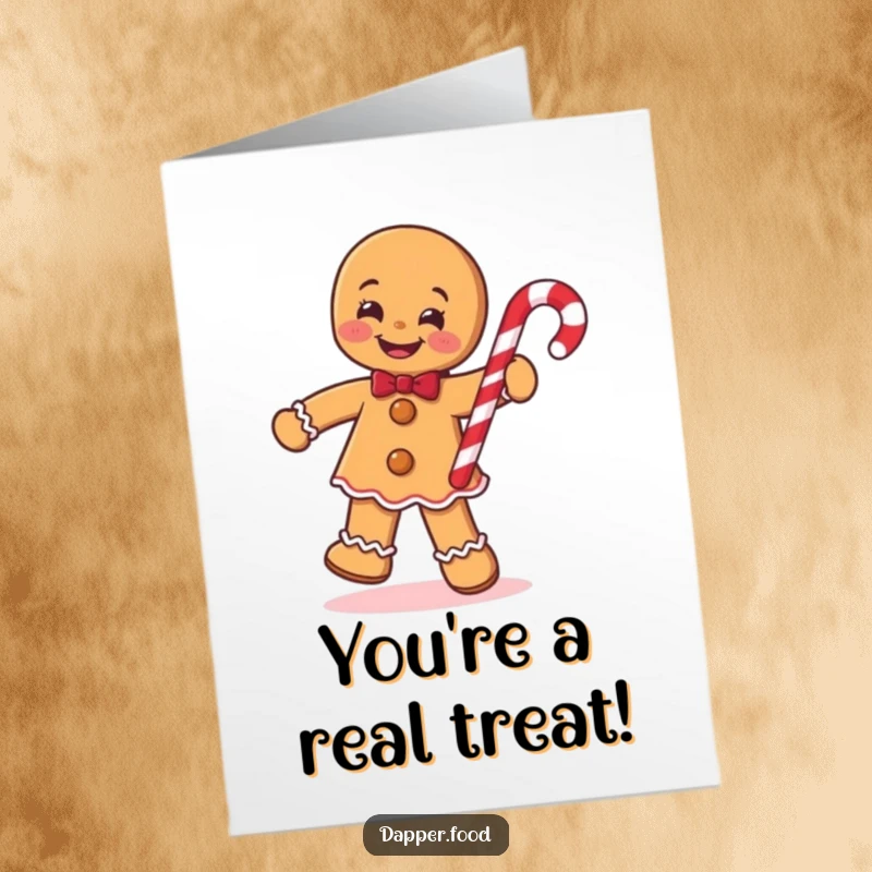 Funny free printable congratulations card featuring a cheerful gingerbread man doing a jig with a candy cane, celebrating success with glee.