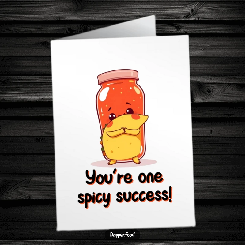 Funny free printable congratulations card: A taco hugging a giant salsa jar, celebrating a big achievement.