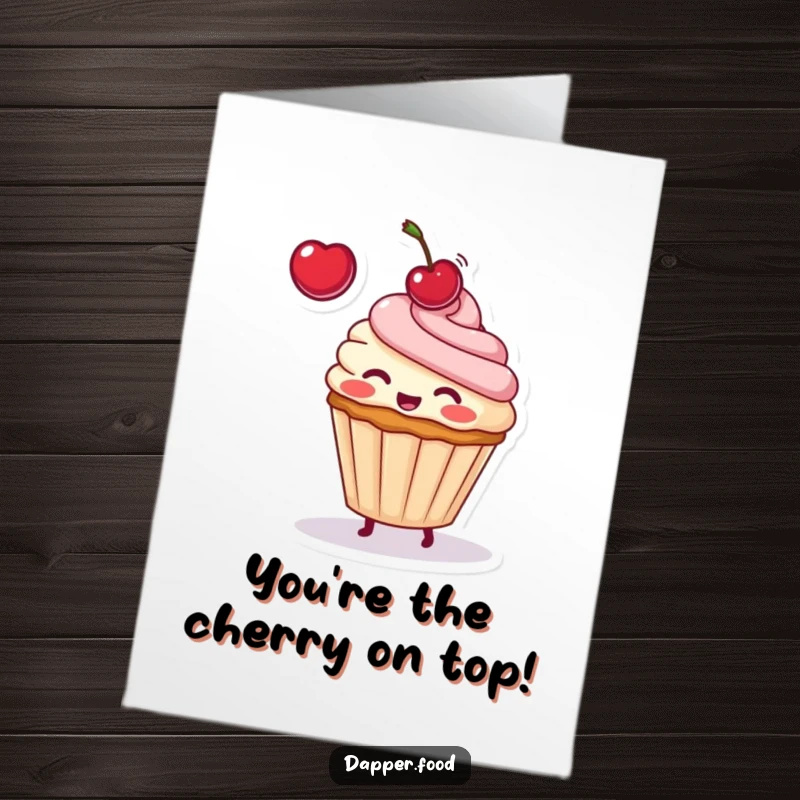 Funny Free Printable Congrats Card: Blushing cupcake tossing a cherry in the air, celebrating success, downloadable art.