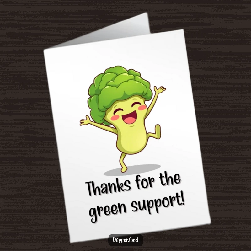 Funny Free Printable Thank You Card: A gleeful broccoli floret doing a cartwheel, expressing thanks with vibrant energy and smiles.