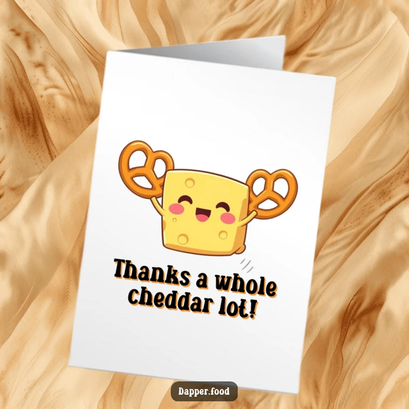 Funny Free Printable Cheese Thank You Card, a delighted cheese character with pretzel wings, expressing gratitude with a cheerful smile.