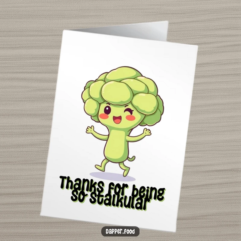 Funny Free Printable Thank You Card: A beaming broccoli floret character performing a joyful jig to send heartfelt thanks.