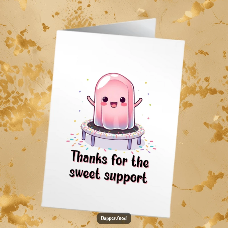 Funny free printable thank you card of a happy jelly blob bopping with glee on a trampoline made entirely of colorful sprinkles.