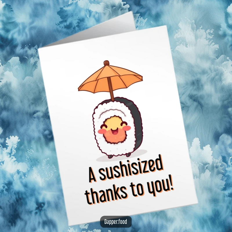 Funny Free Printable Thank You Card: A happy sushi roll shelters under a tiny umbrella, sending thanks with a smile.