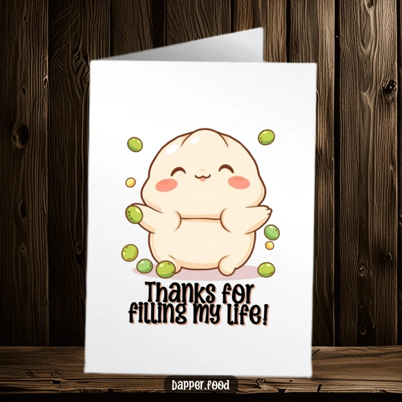 Funny Free Printable Thank You Card: Playful dumpling character with rosy cheeks comically juggling small green peas with a cheerful expression.