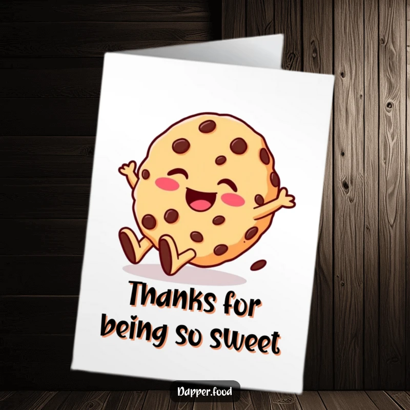 Funny Free Printable Thank You Card: Giggling cookie character with chocolate chips rolls downhill gleefully.