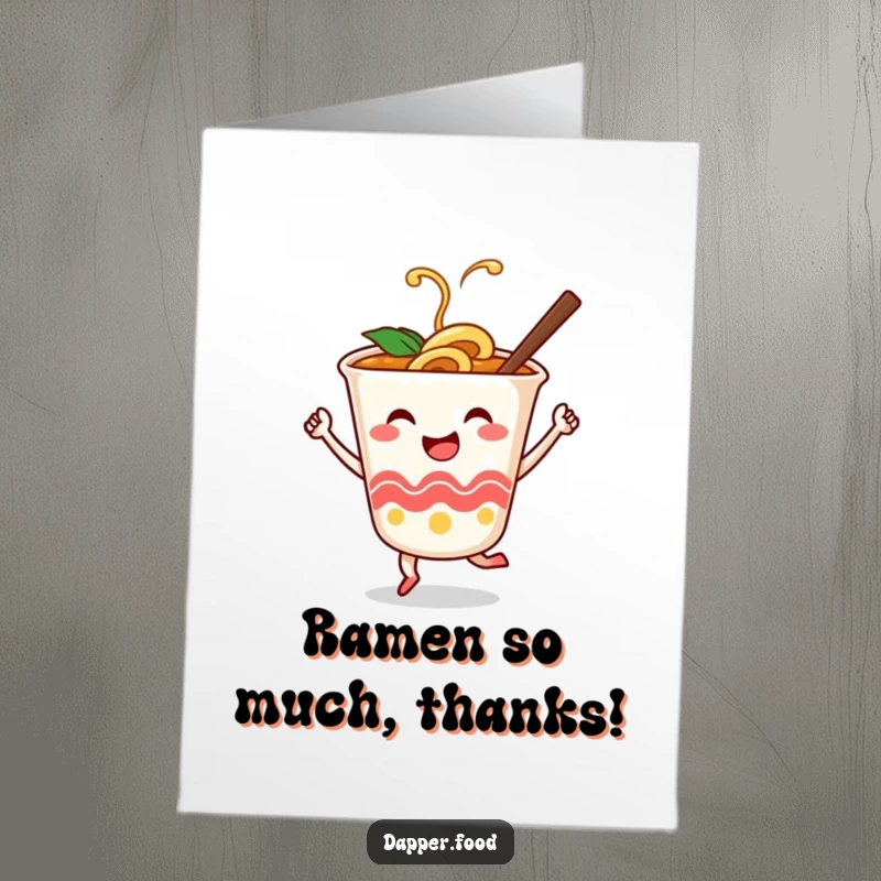 Funny Free Printable Thank You Card: A happy ramen cup character dancing enthusiastically, holding chopsticks like dance partners.