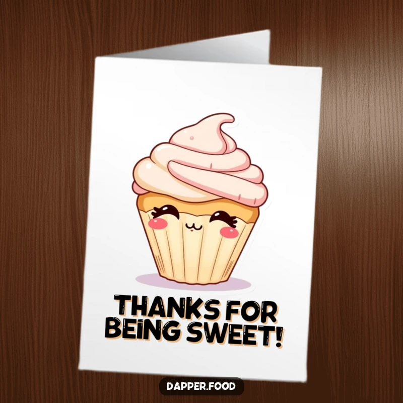 Funny Free Printable Thank You Card: Giggling cupcake character with frosting blowing a kiss, expressing thanks. A sweet, downloadable message.