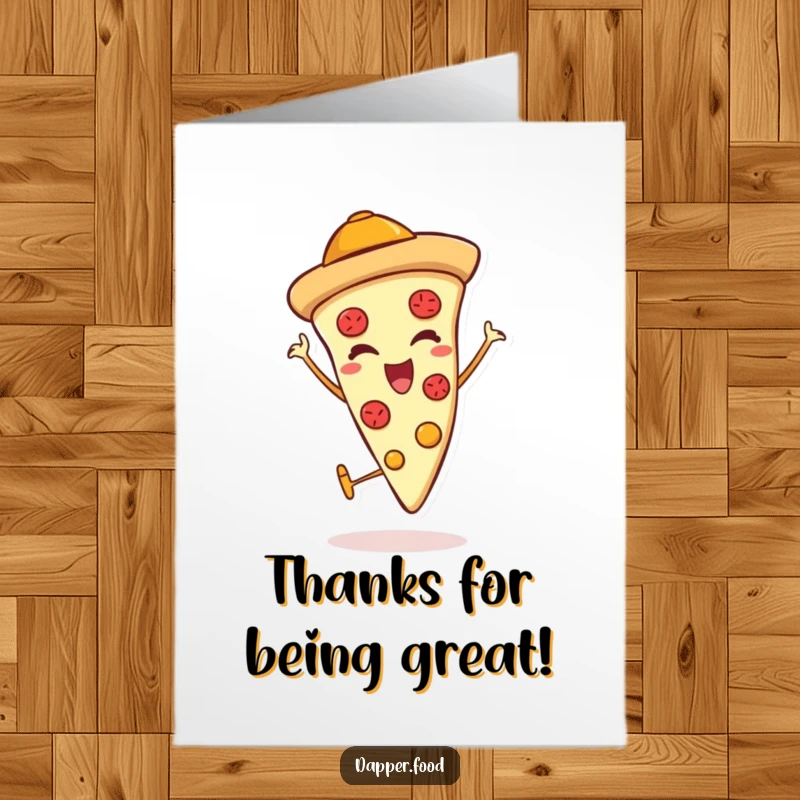 Funny Free Printable Thank You Card: Winking pizza slice character with hat giving thumbs up, expressing thanks. A cheesy, downloadable message.