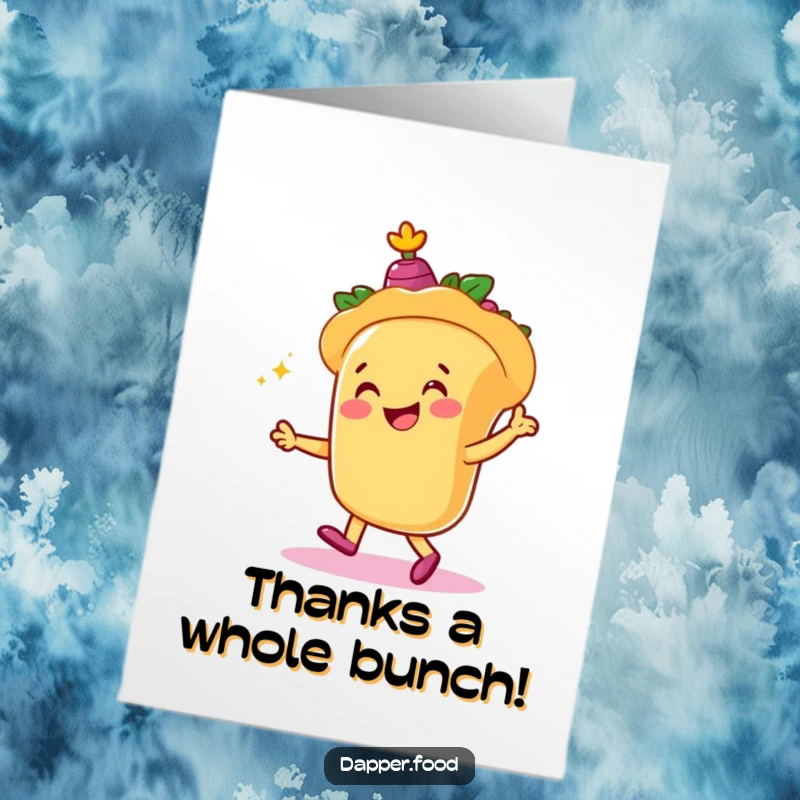 Funny Free Printable Thank You Card: Taco character dancing with castanets, showing gratitude. A downloadable fiesta of thanks.