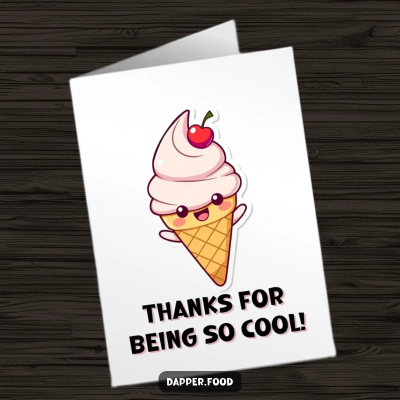 Funny Free Printable Thank You Card: Happy ice cream cone character with a cherry topping gleefully sliding down a slope.
