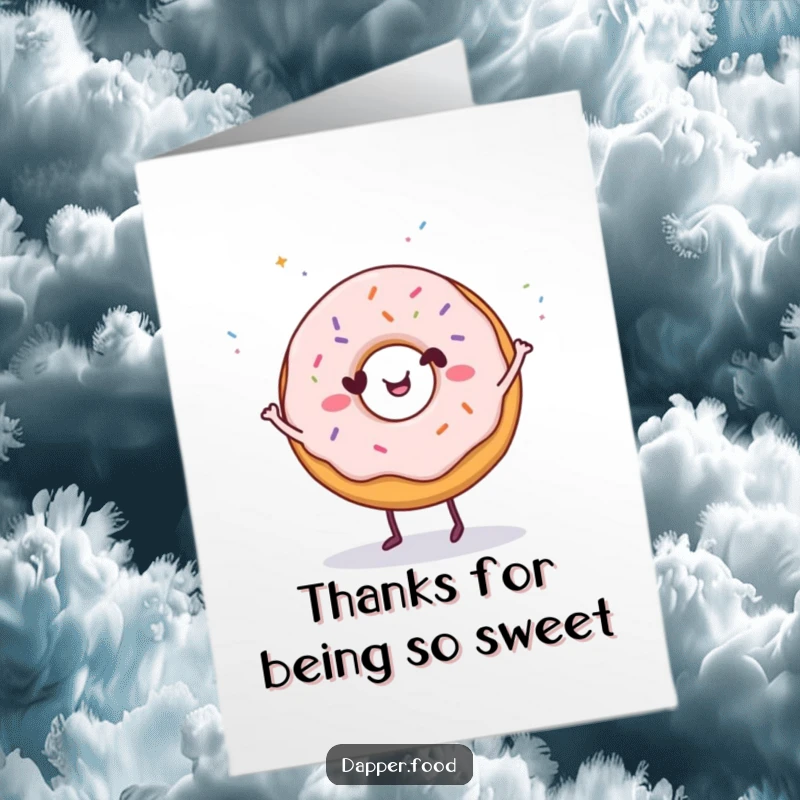 Funny Free Printable happy donut character dancing with tiny sprinkles showering down. Thank You DIY gift.