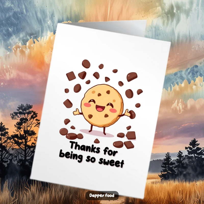 Funny free printable thank you card of a grinning cookie expertly juggling a shower of delicious chocolate chips.
