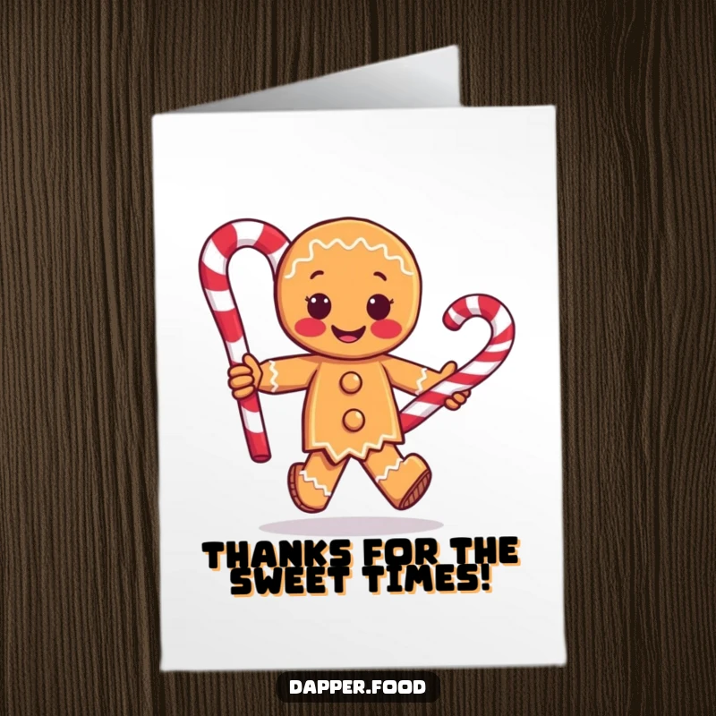 Funny free printable thank you card with a gingerbread man with arms running with a giant candy cane, expressing thanks.