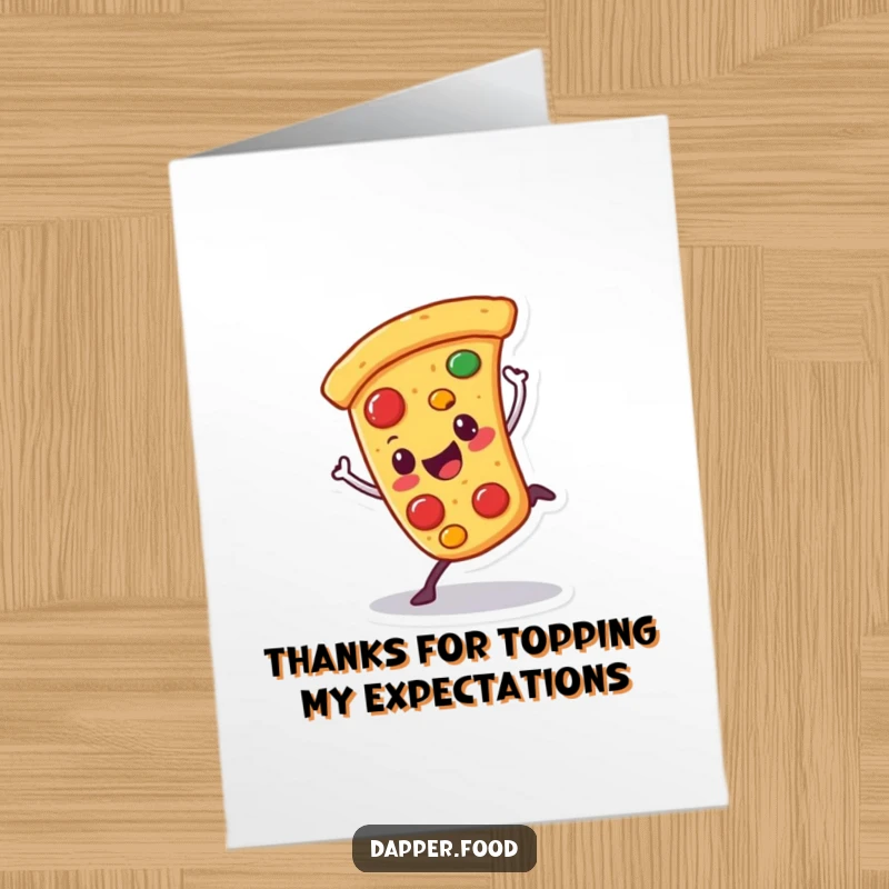 Funny free printable thank you card of a pizza character attempting a wobbly cartwheel to express thanks.
