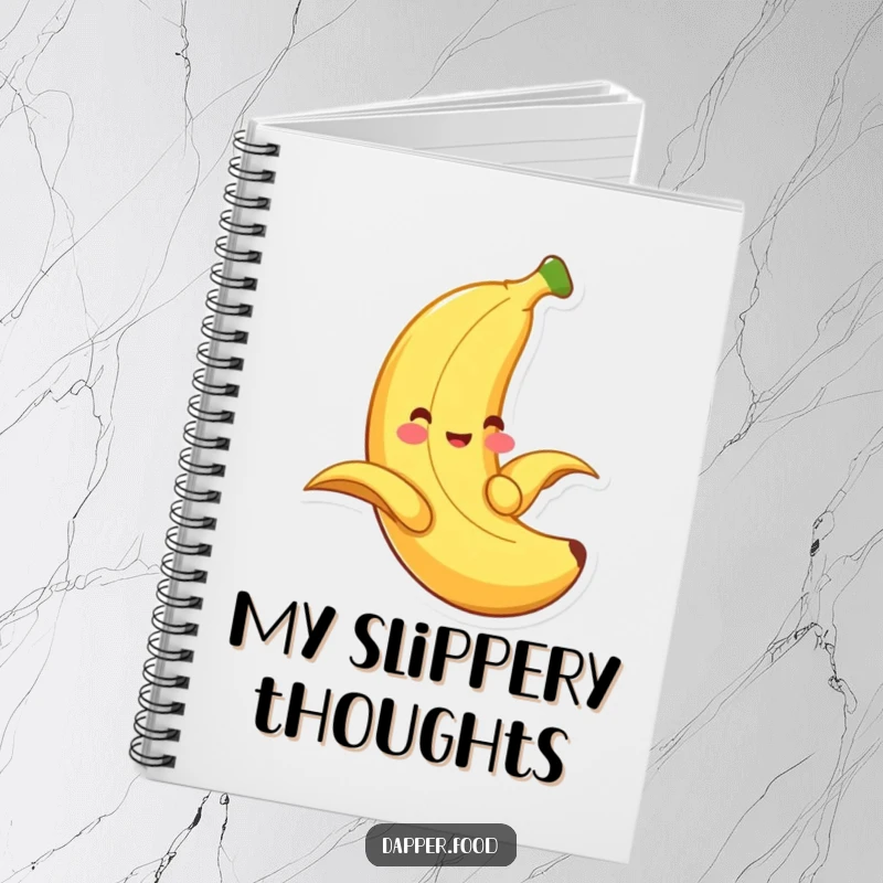 Funny banana notebook, a smiling fruit sliding down its peel, perfect for jotting down funny thoughts.