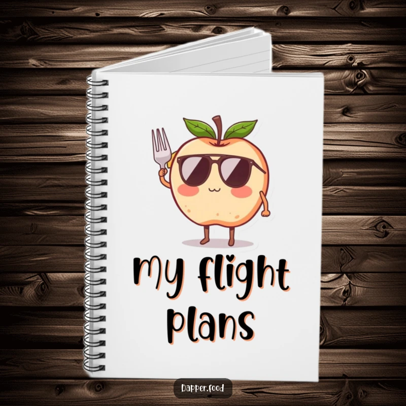 Funny notebook with a blushing apple character with legs and wings, comically trying to fly with a ribbon, for note-taking.