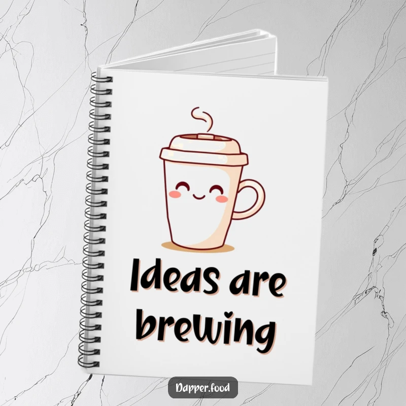 Funny coffee cup notebook with a character joyfully spilling steam, designed for jotting down warm thoughts and ideas.