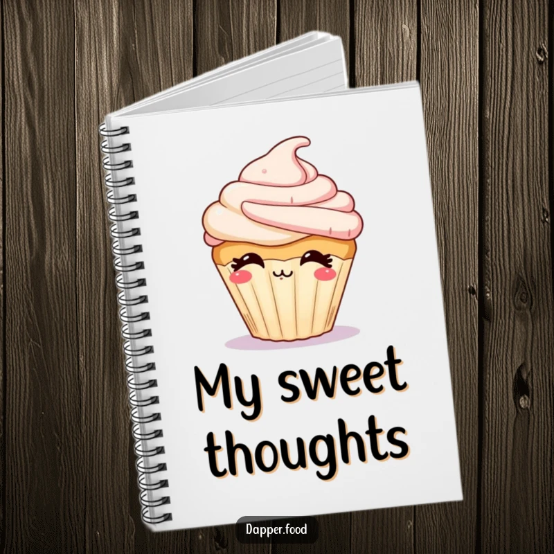 Funny notebook with a giggling cupcake character with frosting blowing a kiss, inspiring sweet messages.