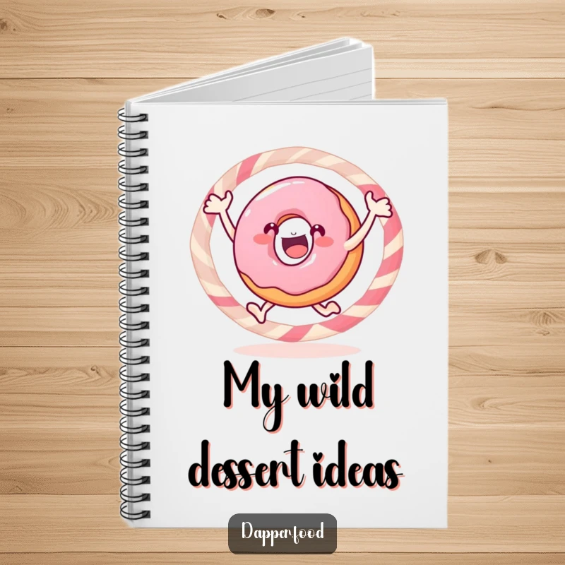 Funny donut notebook, a gleeful pastry jumping through a candy hoop, perfect for writing sweet thoughts.