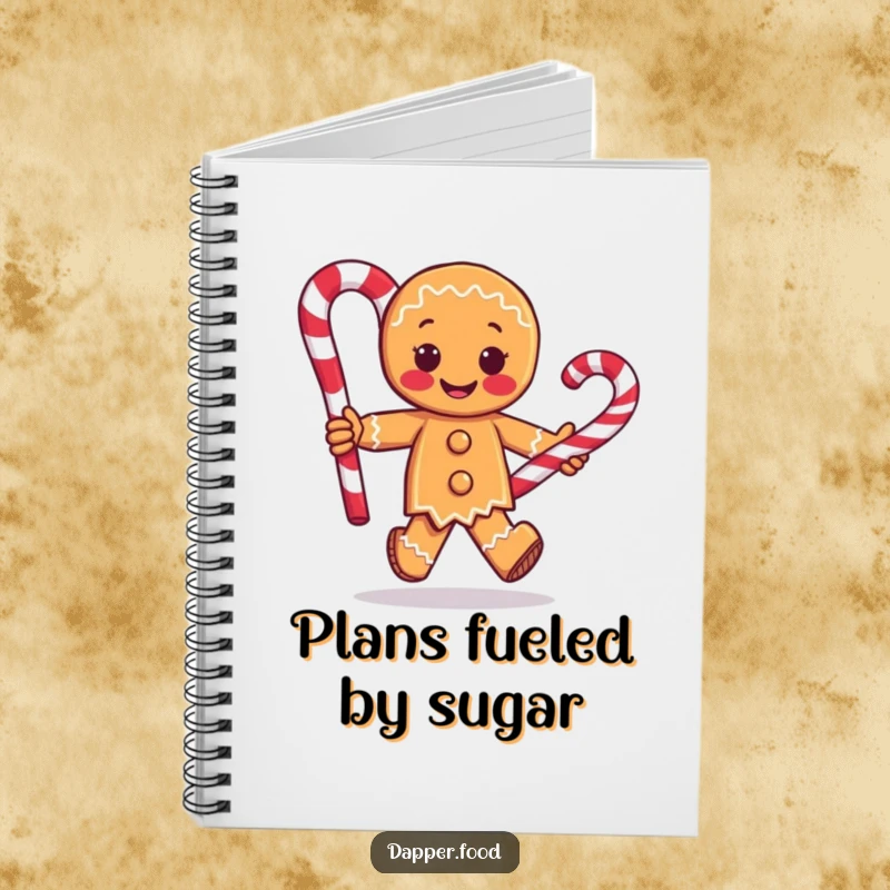 Funny notebook with a gingerbread man character racing with a large candy cane, perfect for jotting down notes with a whimsical, humorous flair.