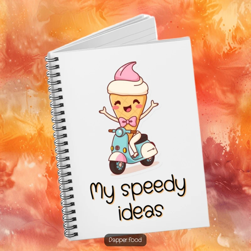 Funny notebook cover with a happy ice cream cone character with arms and a bow, comically riding a scooter, ideal for notes.