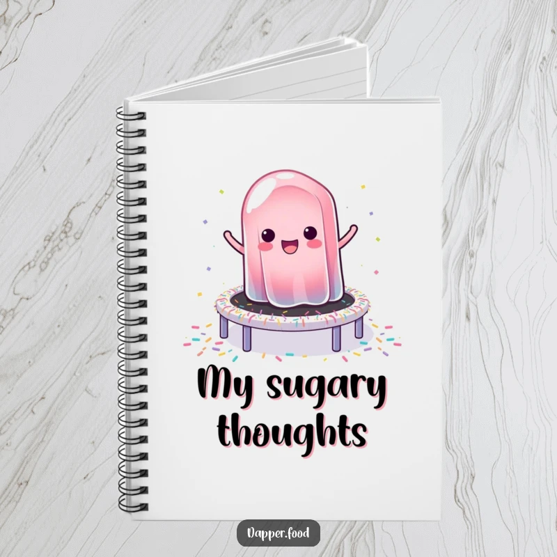 Funny notebook cover featuring a wobbly jelly happily bouncing on a sprinkle trampoline, inspiring sweet thoughts.