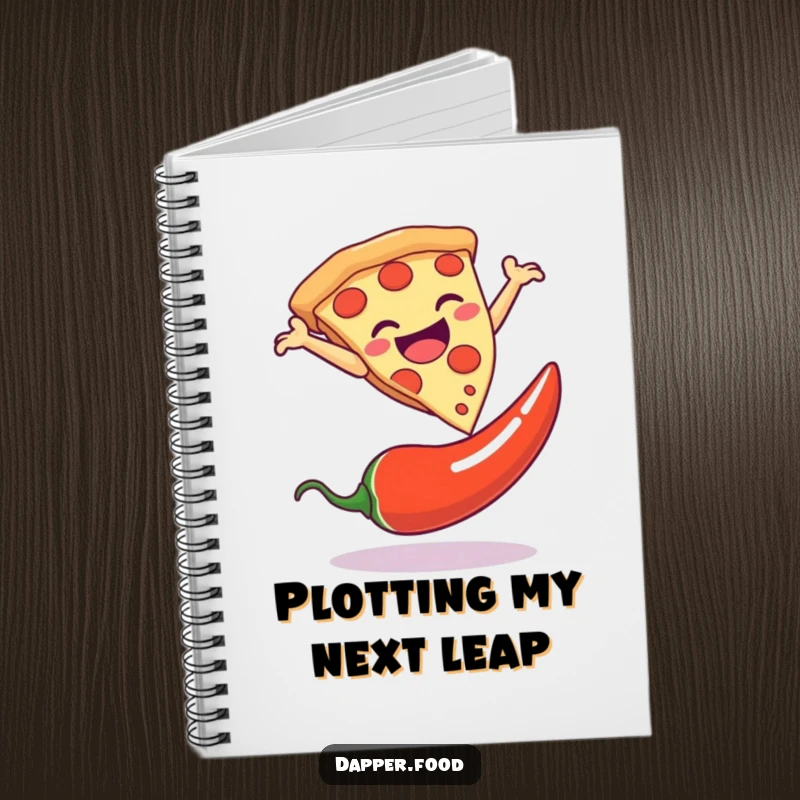 Funny notebook with a pizza slice dramatically leaping over a chili pepper, perfect for jotting down ideas and jokes.