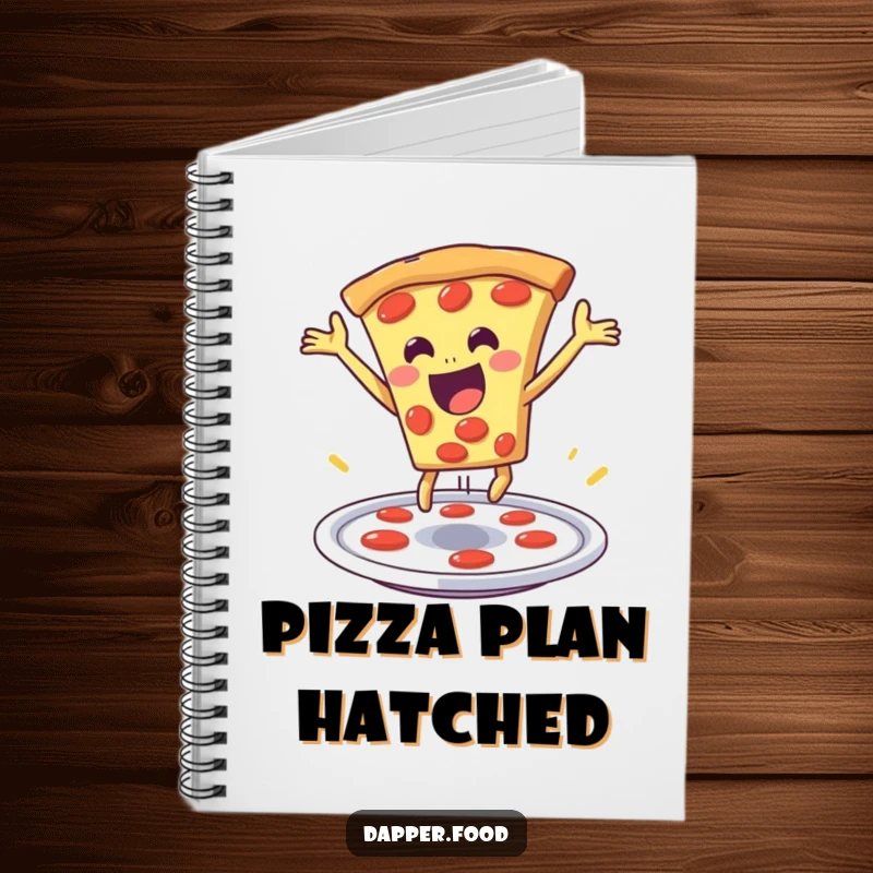 Funny pizza notebook with a delighted pizza slice dramatically leaping from a plate, perfect for notes and creative ideas.