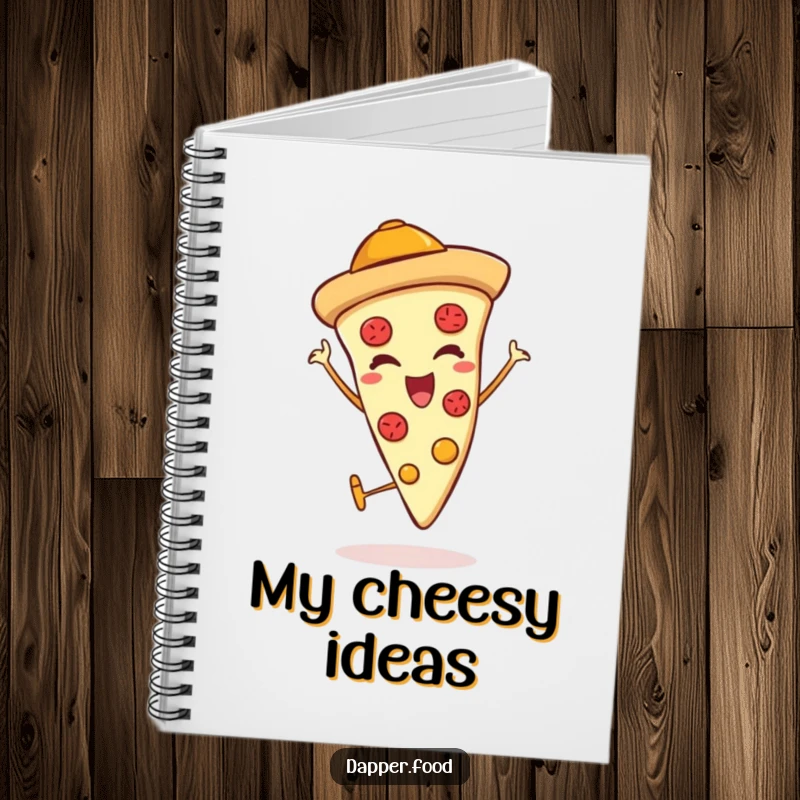 Funny notebook with a pizza slice character in a hat, winking and giving a thumbs up, inspiring cheesy notes.