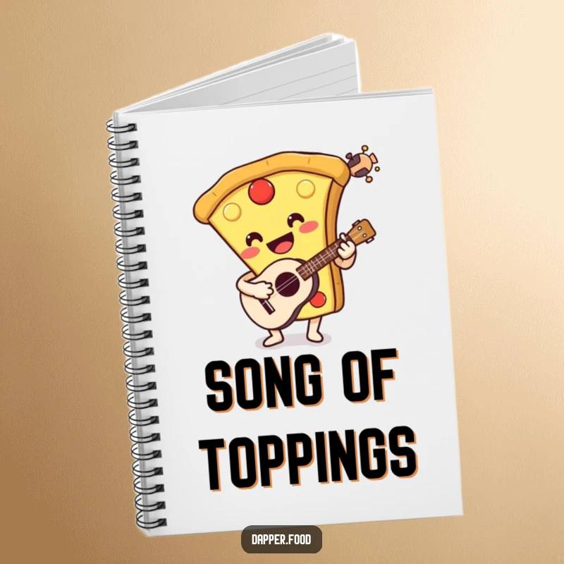 Funny notebook featuring a smiling pizza slice playing a ukulele. Ideal for capturing musical ideas with humor.