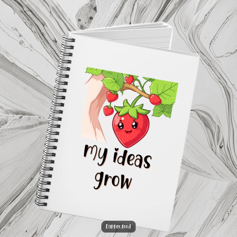 Funny strawberry notebook with a smiling character swinging from a vine, designed for jotting down sweet thoughts.