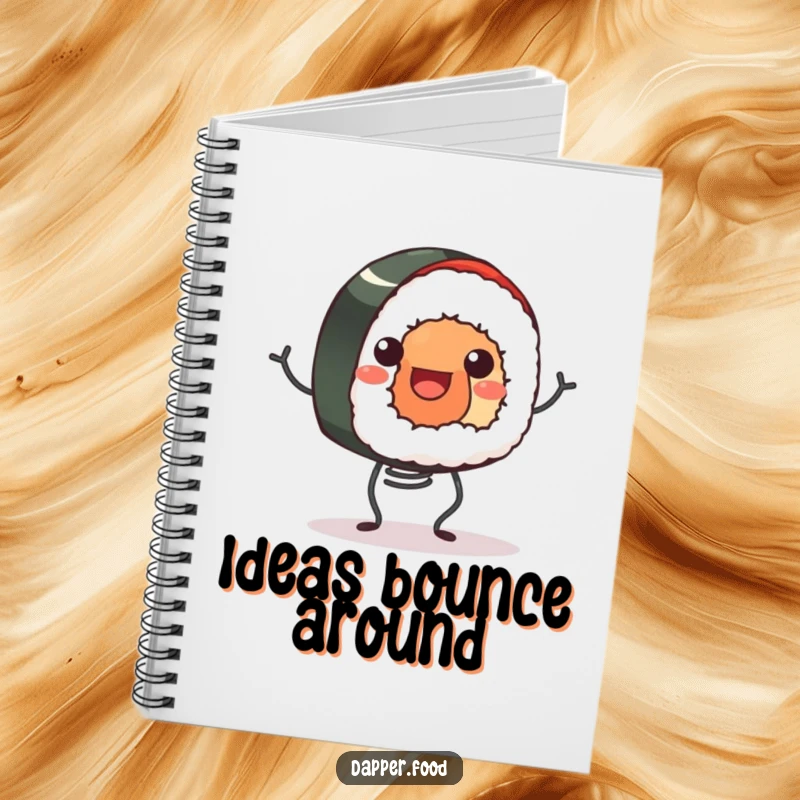 Funny notebook cover featuring a smiling sushi roll happily bouncing on tiny spring legs, inspiring creative and joyful entries.