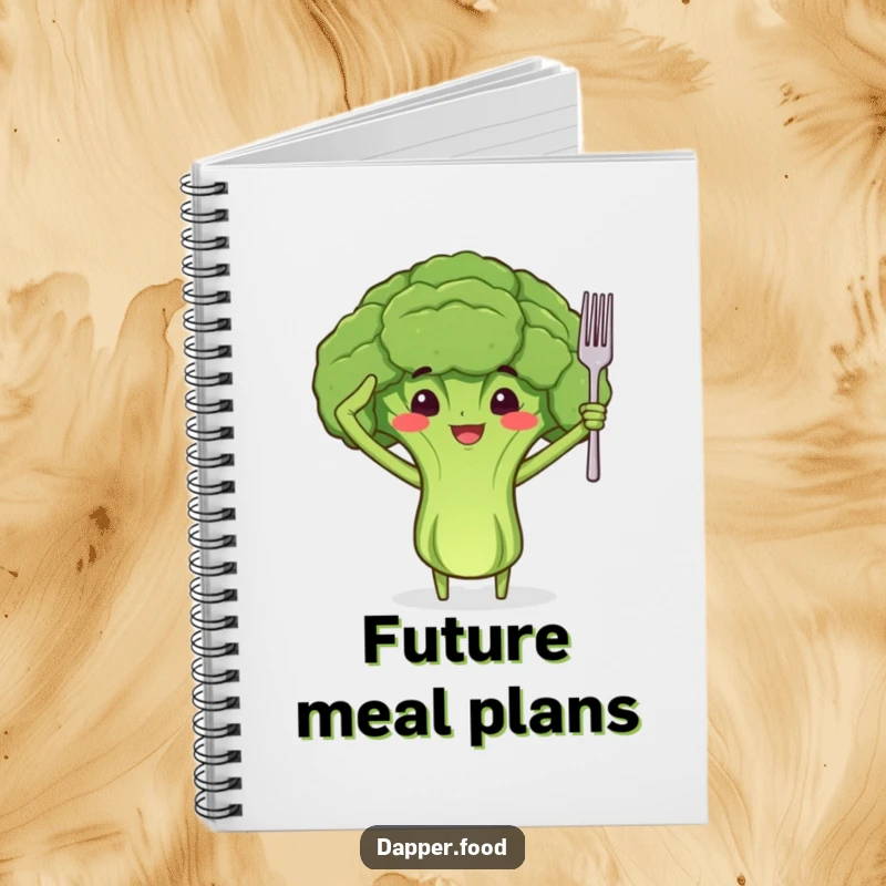 Funny notebook with a proud broccoli floret character with arms, saluting with a tiny fork, for note-taking.