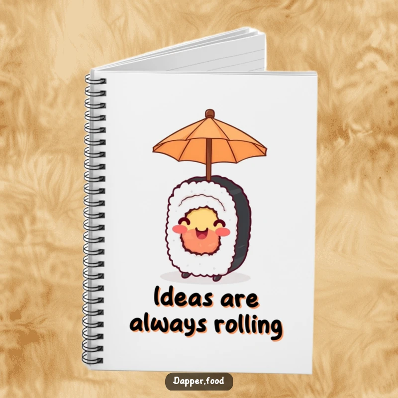 Funny Notebook with a happy sushi roll balancing a tiny umbrella, ideal for jotting down happy thoughts.