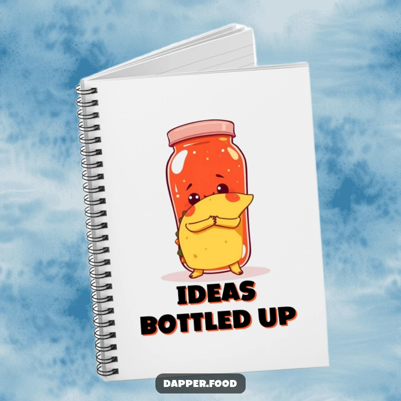 Funny notebook with a taco attempting to hug a giant salsa jar, perfect for notes and food inspiration.